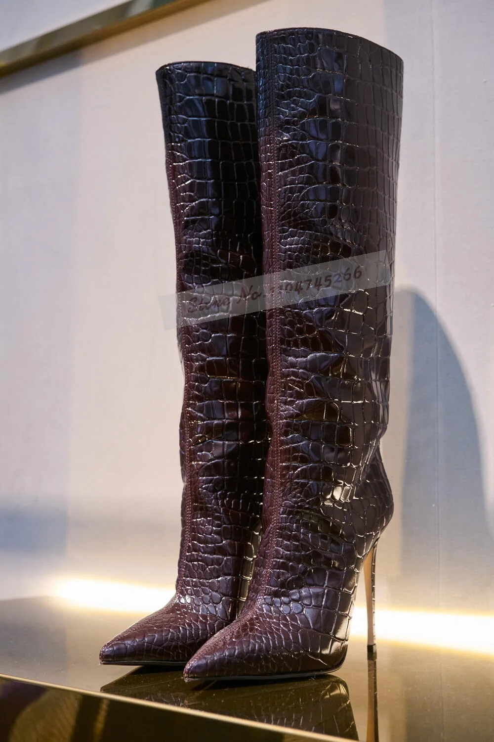 Women'S Shoes Burgundy - Borgonha crocodilo fino salto alto botas